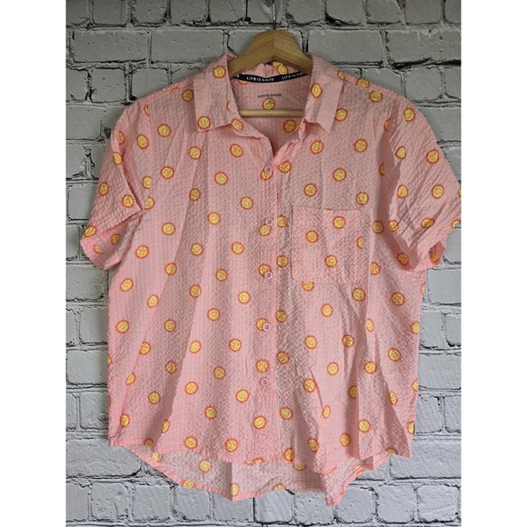 Life Is Good Tops - Life Is Good Sleep Cotton Blend Sunshine Smiling Sun Graphic Print Button Up Top